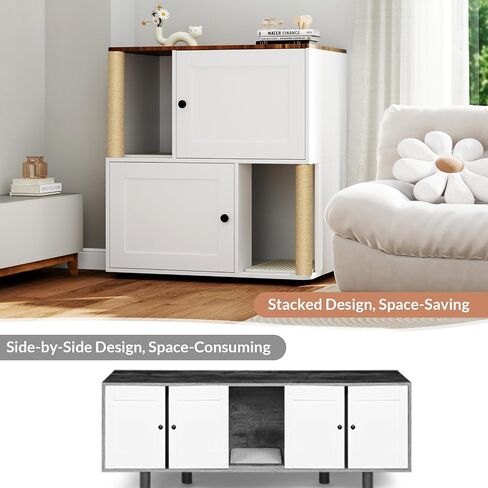Litter Box Enclosure for 2 Cats, Double Litter Box Enclosure with Scratch Mat, Hidden Cat Litter Boxes Furniture for Most Litter Boxes, White in Kuwait