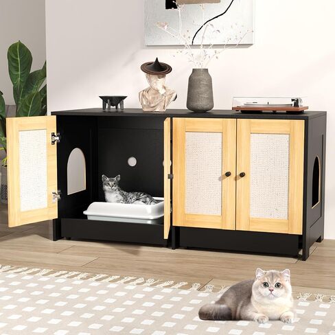 Litter Box Enclosure for 2 Cats, Double Litter Box Enclosure with Scratch Mat, Hidden Cat Litter Boxes Furniture for Most Litter Boxes, White in Kuwait