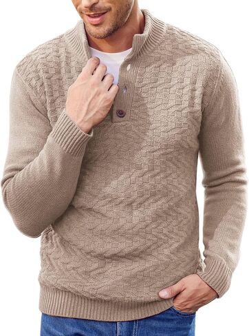 COOFANDY Men Mock Neck Button Sweater Casual Knitted Sweaters Fashion Henley Sweater in Saudi Arabia