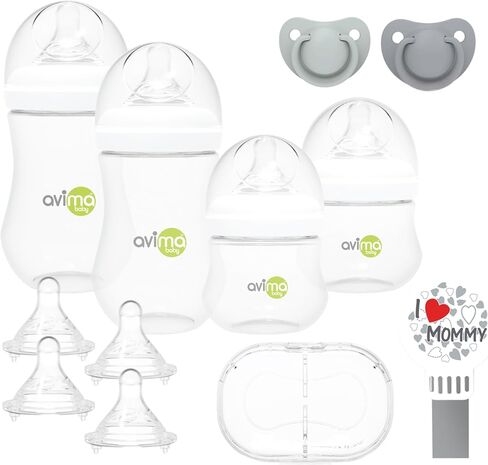 مجموعة زجاجات الرضاعة Avima Baby ذات الرقبة العريضة - مجموعة من 12 قطعة. مجموعة تغذية مضادة للمغص مع زجاجات أطفال سعة 4 أونصة و9 أونصة، وحلمات ولهايات ذات تدفق بطيء ومتوسط، خالية من مادة BPA in Kuwait