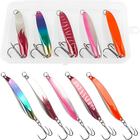 Fishing Lures 5pcs Fishing Spoons Lures Casting Spoons for Freshwater Saltwater Trout Lures for Bass, Musky, Walleye, Salmon, Pike, Crappie with Treble Hooks Tackle Box in Saudi Arabia