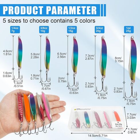 Fishing Lures 5pcs Fishing Spoons Lures Casting Spoons for Freshwater Saltwater Trout Lures for Bass, Musky, Walleye, Salmon, Pike, Crappie with Treble Hooks Tackle Box in Saudi Arabia