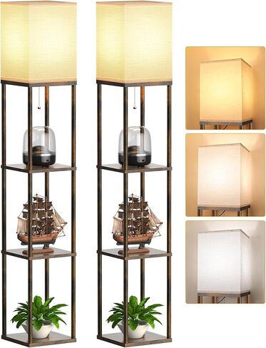 Floor Lamp with Shelves for Living Room 2 Pack, Shelf Floor Lamp with 3 CCT LED Bulb, Corner Display Standing Column Lamp Etagere Organizer Tower Nightstand with White Linen Shade for Bedroom, Office in Saudi Arabia