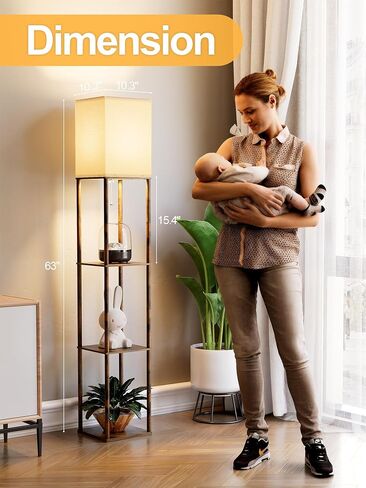 Floor Lamp with Shelves for Living Room 2 Pack, Shelf Floor Lamp with 3 CCT LED Bulb, Corner Display Standing Column Lamp Etagere Organizer Tower Nightstand with White Linen Shade for Bedroom, Office in Saudi Arabia