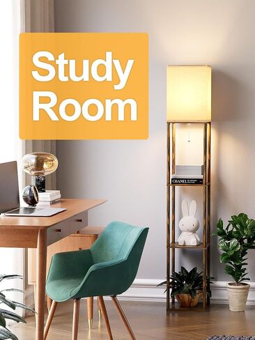 Floor Lamp with Shelves for Living Room 2 Pack, Shelf Floor Lamp with 3 CCT LED Bulb, Corner Display Standing Column Lamp Etagere Organizer Tower Nightstand with White Linen Shade for Bedroom, Office in Saudi Arabia