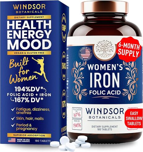 Iron and Folic Acid Supplements for Women - 35mg Gentle Iron Vitamin, Folic Acid 400mcg - Anemia, Period, Pregnancy Support Supplement, Ferrous Sulfate Pills - 60 Vegan Non-Constipating Tablets in Kuwait