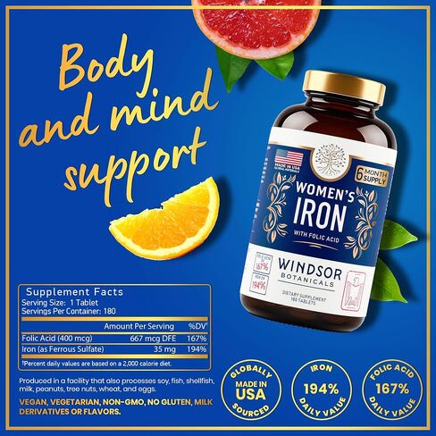 Iron and Folic Acid Supplements for Women - 35mg Gentle Iron Vitamin, Folic Acid 400mcg - Anemia, Period, Pregnancy Support Supplement, Ferrous Sulfate Pills - 60 Vegan Non-Constipating Tablets in Kuwait