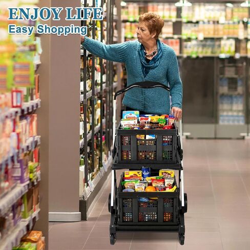 Collapsible Shopping Cart on Wheels, Folding Shopping Cart with 360° Swivel Wheels, Multi Use Utility Cart Adjustable Portable Trolley, Used for Picnic, Supermarket, Gray in Saudi Arabia