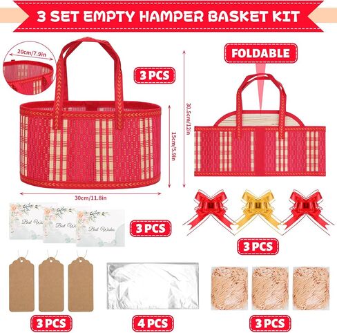 SelfTek 3 Pack Baskets for Gifts Empty, Woven Bamboo G-ift Basket Kit with Wrap Bags, Gi-ft Card, Raffia and Pull Bows, GIF-t Baskets for Baby Shower, Birthday, Wedding, 30 x 20 x 15 cm in Saudi Arabia