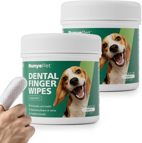 Pet Dental Finger Wipes for Dog & Cats, Remove Bad Breath by Removing Plaque and Tartar Buildup No-Rinse Dog Finger Toothbrush, Disposable Gentle Cleaning & Gum Care Pet Wipes, 50 Counts in Saudi Arabia