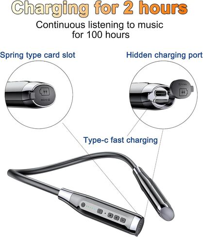 سماعات رأس Kinobo Neckband Bluetooth، 6.0 Bluetooth وقت تشغيل 120 ساعة، IPX7 سماعات أذن رياضية مقاومة للماء مع خاصية إلغاء الضوضاء مع ميكروفون مع فتحة بطاقة TF، ستيريو HiFi (أسود) in Kuwait
