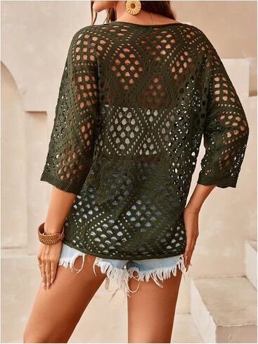 Women's Hollow Out Crochet Knit Tops Y2k 3/4 Sleeve Pullover Summer Sweater Going Out Outfits in Saudi Arabia