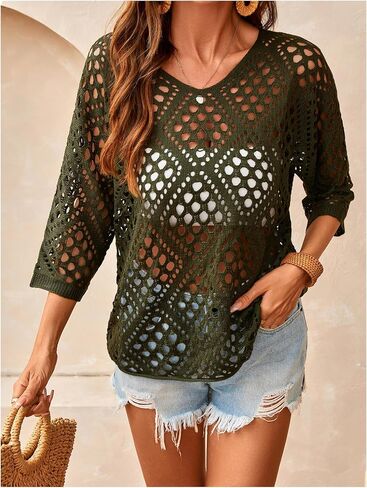 Women's Hollow Out Crochet Knit Tops Y2k 3/4 Sleeve Pullover Summer Sweater Going Out Outfits in Saudi Arabia