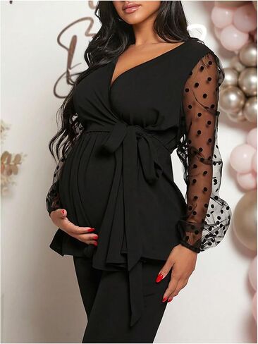 MakeMeChic Women's Maternity Polka Dots Blouse Mesh V Neck Wrap Tie Side Long Sleeve Shirt Tops in Saudi Arabia