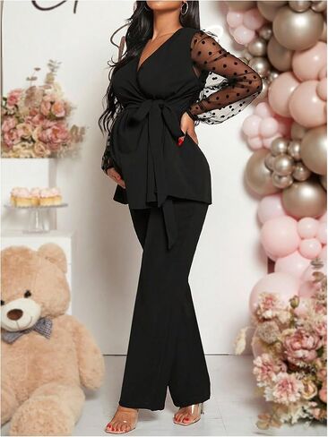 MakeMeChic Women's Maternity Polka Dots Blouse Mesh V Neck Wrap Tie Side Long Sleeve Shirt Tops in Saudi Arabia
