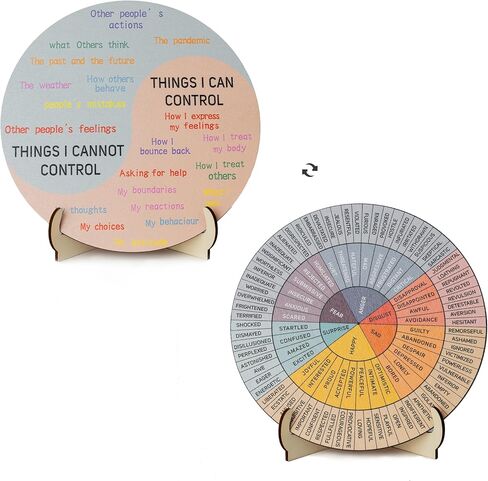 10.6"Large Feelings Wheel Therapy Tabletop Decor, Wooden Double-Sided Mental Health Mood Chart with Stance As a Gift for Consulting Therapists, Social Workers, School Counselors, and Home Office Decor in Saudi Arabia