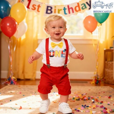 IBTOM CASTLE Circus Carnival First Birthday Outfit Boy Clown Romper Bodysuit Shorts Crown Cake Smash Clothes Set in Saudi Arabia