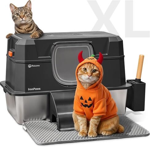 مربع فضلات من الفولاذ المقاوم للصدأ مع التحكم في الرائحة المدمجة- 28L XL مربع فضلات القطط المعدنية المرفقة للقطط الكبيرة عالية الجوانب 3 في 1 XXL صناديق عميقة كبيرة للقطط الداخلية مع خطوات حصيرة ومغرفة خضراء in Kuwait