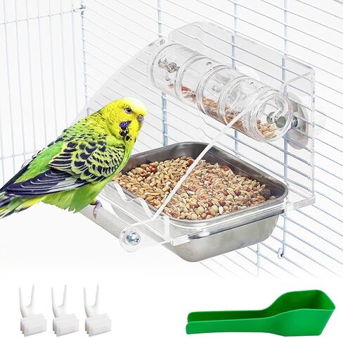 BNOSDM Bird Feeder for Cage with Stainless Steel Food & Water Bowl Acrylic Parakeet Seed Dishes with Anti-Slip Perch Stand for Parrot, Cockatiel, Lovebird, Canary, Finch,Conure,Cockatoo, Pigeon in Saudi Arabia