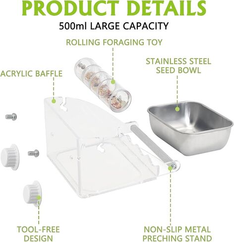 BNOSDM Bird Feeder for Cage with Stainless Steel Food & Water Bowl Acrylic Parakeet Seed Dishes with Anti-Slip Perch Stand for Parrot, Cockatiel, Lovebird, Canary, Finch,Conure,Cockatoo, Pigeon in Saudi Arabia