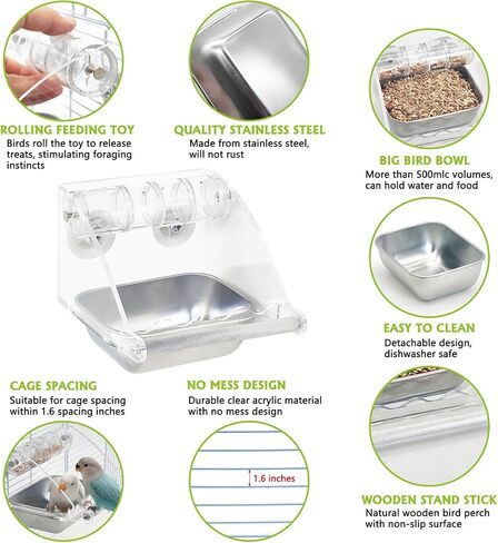 BNOSDM Bird Feeder for Cage with Stainless Steel Food & Water Bowl Acrylic Parakeet Seed Dishes with Anti-Slip Perch Stand for Parrot, Cockatiel, Lovebird, Canary, Finch,Conure,Cockatoo, Pigeon in Saudi Arabia