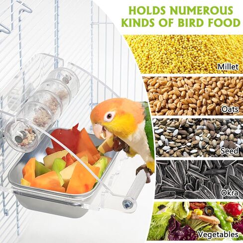 BNOSDM Bird Feeder for Cage with Stainless Steel Food & Water Bowl Acrylic Parakeet Seed Dishes with Anti-Slip Perch Stand for Parrot, Cockatiel, Lovebird, Canary, Finch,Conure,Cockatoo, Pigeon in Saudi Arabia