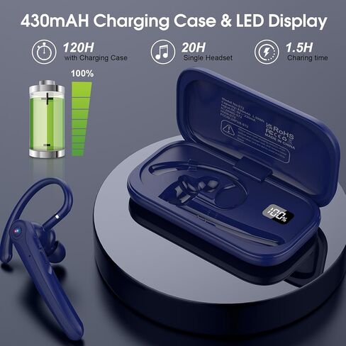 Bluetooth Headset, Wireless Bluetooth Earpiece with ENC Noise Canceling Mic, Talk Single-Ear Headphones, Waterproof Hand-Free Earphone for Business/Trucker/Driver, HEI in Kuwait