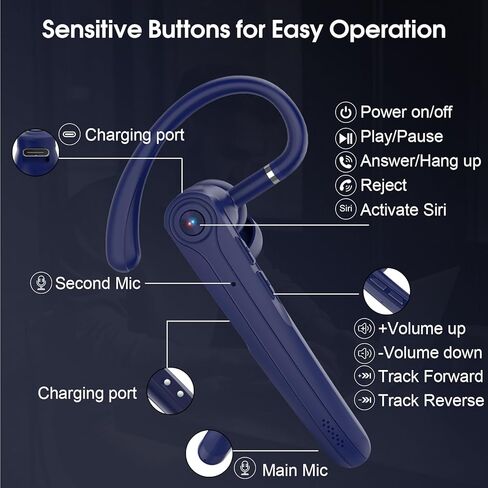 Bluetooth Headset, Wireless Bluetooth Earpiece with ENC Noise Canceling Mic, Talk Single-Ear Headphones, Waterproof Hand-Free Earphone for Business/Trucker/Driver, HEI in Kuwait