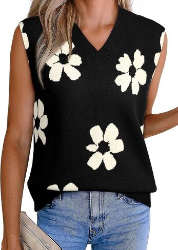 EVALESS Sweater Vest Women V Neck Cap Sleeve Knit Sweaters Cute Summer Fall Floral Print Sweater Tank Tops Pullover Sweaters in Saudi Arabia