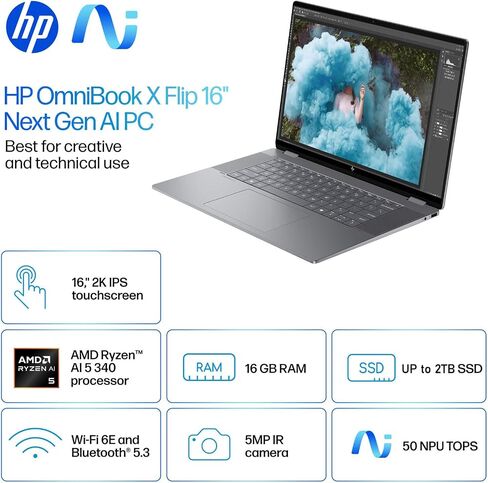 HP 2025 New Envy X360 2-in-1 Laptop ، Omnibook X Flip 16 "شاشة تعمل باللمس 2K IPS ، AMD Ryzen AI 5 340 ، 16GB LPDDR5X RAM in Saudi Arabia