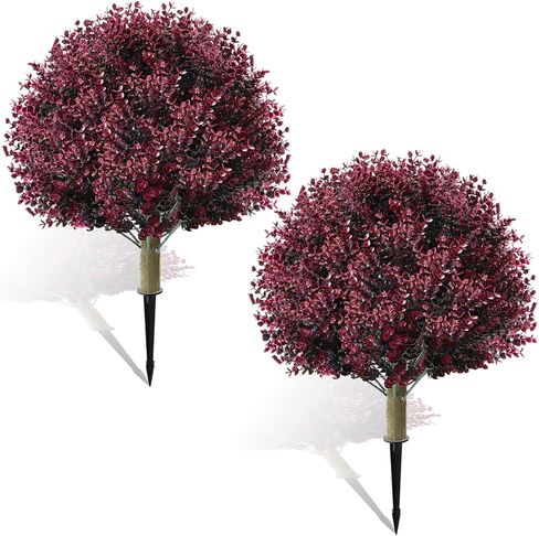 Yunlly Set of 2 Artificial Boxwood Ball Topiary Tree Faux Bush for Outdoor with Ground Spike 24", UV Resistant Fake Shrubs Realistic Boxwood Plants for Garden, Yard, Porch, Patio Decor (Fuchsia) in Kuwait