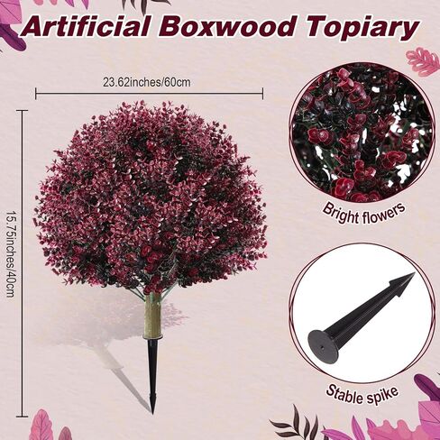 Yunlly Set of 2 Artificial Boxwood Ball Topiary Tree Faux Bush for Outdoor with Ground Spike 24", UV Resistant Fake Shrubs Realistic Boxwood Plants for Garden, Yard, Porch, Patio Decor (Fuchsia) in Kuwait