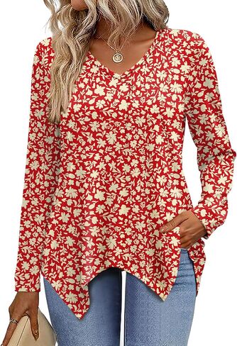 Rapbin Long Sleeve Tops V V Neck Tunic Tubs Basic Plateed Flowy Lowy Asyfymetrical Hend Fit Fit 2025 in Kuwait