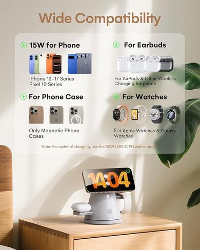 ZEEHOO 4 in 1 Wireless Charging Station for Apple,Mag-Safe Charger&Dimmable Light,Qi2 15W Rotating Fast Wireless Charger for iPhone 16,15,14,13,12&Pixel 10&iWatch&Samsung Watch&AirPods(30W Adapter) in Kuwait