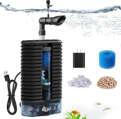 مرشح AQQA USB Aquarium DC 5V Whisper Fish Tank Filter Filter Triple Filtration مع وسائل الإعلام الحيوية ومرشح التدفق القابل للتعديل في السرير المميت لما يصل إلى 26 جالًا من المياه العذبة أو مائية المياه المالحة (3W 66GPH) in Kuwait