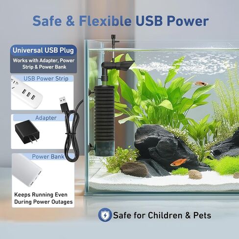 مرشح AQQA USB Aquarium DC 5V Whisper Fish Tank Filter Filter Triple Filtration مع وسائل الإعلام الحيوية ومرشح التدفق القابل للتعديل في السرير المميت لما يصل إلى 26 جالًا من المياه العذبة أو مائية المياه المالحة (3W 66GPH) in Kuwait
