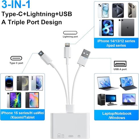 قارئ بطاقة XD USB C و Lightning ، 3 في 1 SD/TF/XD-Picture Card Reader ، محول بطاقة XD-Picture Card Plug OTG وتشغيل الكاميرا لجهاز iPhone 16/15/14 و iPad و MacBook و PC و Android in Kuwait