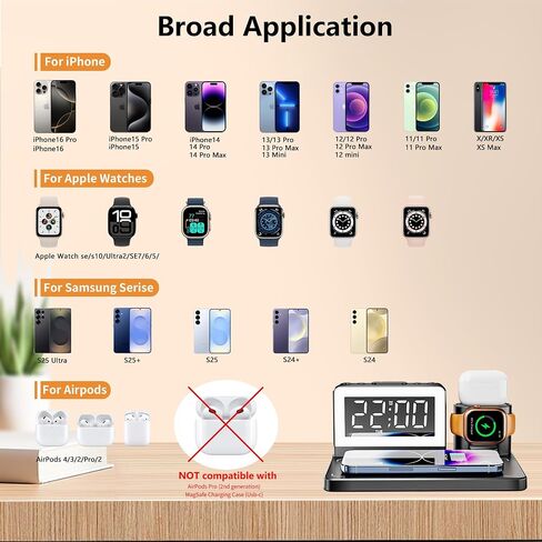 محطة الشحن السريعة اللاسلكية - 7 في 1 إنذار مع حامل الشاحن اللاسلكي - شحن Dock لأجهزة Apple/Samsung Galaxy المتعددة - لمشاهدة iPhone و AirPods (أسود) in Saudi Arabia