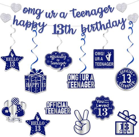 Pre-Strung 13th Birthday Banner Decorations for Girls, Glitter Omg Ur A Teenager Happy 13th Birthday Decor, Rose Gold Thirteen Years Bday Hanging Swirls Party Supplies in Saudi Arabia