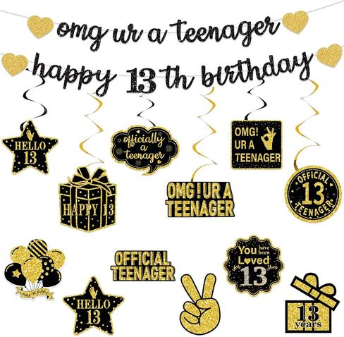 Pre-Strung 13th Birthday Banner Decorations for Girls, Glitter Omg Ur A Teenager Happy 13th Birthday Decor, Rose Gold Thirteen Years Bday Hanging Swirls Party Supplies in Saudi Arabia