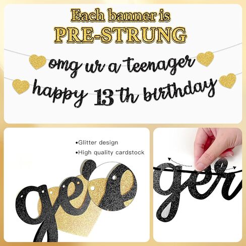 Pre-Strung 13th Birthday Banner Decorations for Girls, Glitter Omg Ur A Teenager Happy 13th Birthday Decor, Rose Gold Thirteen Years Bday Hanging Swirls Party Supplies in Saudi Arabia