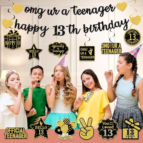 Pre-Strung 13th Birthday Banner Decorations for Girls, Glitter Omg Ur A Teenager Happy 13th Birthday Decor, Rose Gold Thirteen Years Bday Hanging Swirls Party Supplies in Saudi Arabia