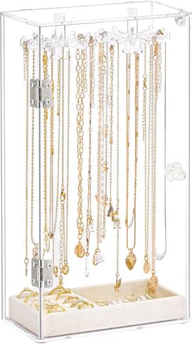 Necklace Holder Organizer, Acrylic Jewelry Organizer, Rotating Clear Necklaces Display Box with Built-in Mirror, Dust-proof Jewelry Storage Case with Velvet Tray, Great Gift for Women Girls in Saudi Arabia