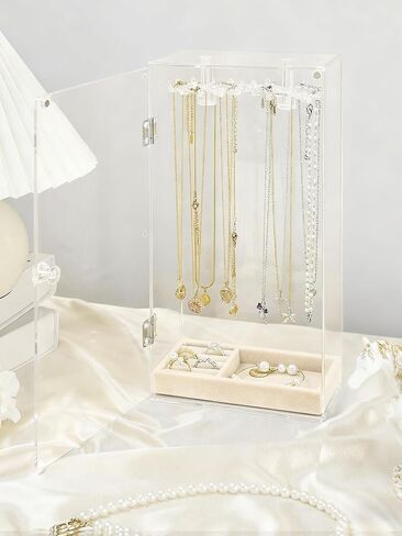 Necklace Holder Organizer, Acrylic Jewelry Organizer, Rotating Clear Necklaces Display Box with Built-in Mirror, Dust-proof Jewelry Storage Case with Velvet Tray, Great Gift for Women Girls in Saudi Arabia