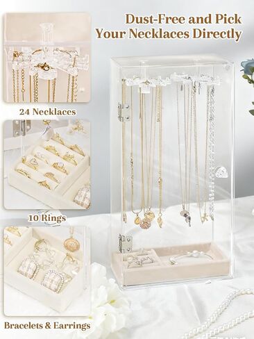 Necklace Holder Organizer, Acrylic Jewelry Organizer, Rotating Clear Necklaces Display Box with Built-in Mirror, Dust-proof Jewelry Storage Case with Velvet Tray, Great Gift for Women Girls in Saudi Arabia