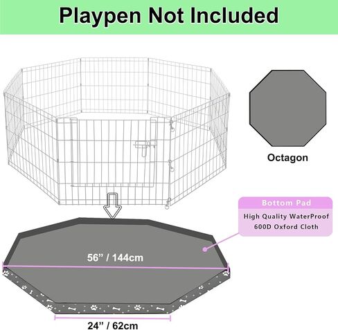 Dog Playpen Bottom Pad for 24" Metal Octagon 8-Panel Pet Pen | Waterproof Reusable Dog Training Mat | Design with Elastic Buckle Connections (Note: Playpen Not Included) (Black) in Saudi Arabia