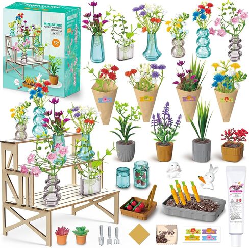 Make It Miniature Botanicals Collectibles Playset, Paper Flower Bouquet DIY Crafts, Mini Plants, Bonsai, Potted, Succulent, Garden, Farm, Wooden Stand for Display, Collectors, Toy Gift, 6+, 70 Pcs in Kuwait
