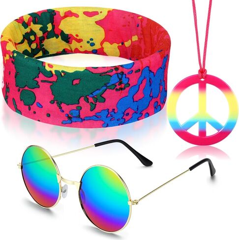 Frienda 3 PCS Associory Associory Costume ، 70s Rainbow Leopard Outfit ، عصابات رأس الهبي للرجال ، قلادة علامة السلام ، النظارات الشمسية (نمط قوس قزح أنيق) in Saudi Arabia