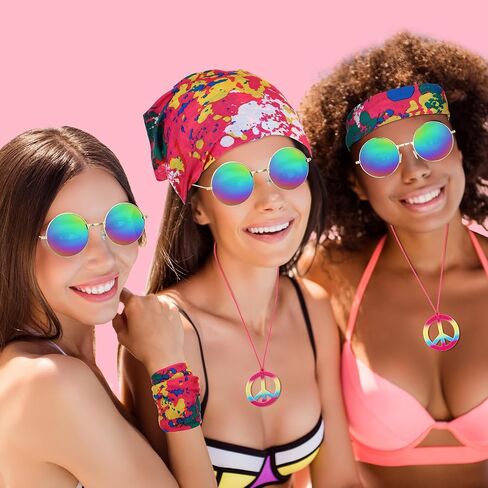 Frienda 3 PCS Associory Associory Costume ، 70s Rainbow Leopard Outfit ، عصابات رأس الهبي للرجال ، قلادة علامة السلام ، النظارات الشمسية (نمط قوس قزح أنيق) in Saudi Arabia