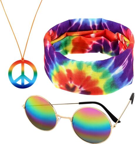 Frienda 3 PCS Associory Associory Costume ، 70s Rainbow Leopard Outfit ، عصابات رأس الهبي للرجال ، قلادة علامة السلام ، النظارات الشمسية (نمط قوس قزح أنيق) in Saudi Arabia
